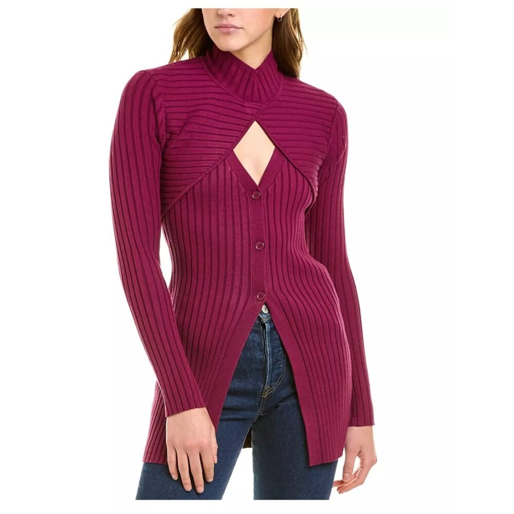 $400  Ronny Kobo BURGUNDY Knit Top 2 Pc Detachable turtleneck Shrug Cardigan M